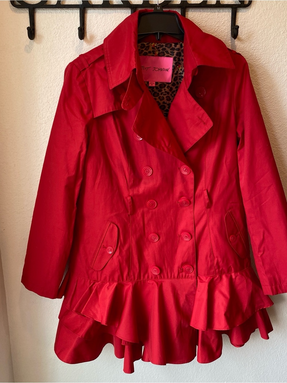 Betsey Johnson Red Double-Breasted Ruffle-Hem Trench Coat with Leopard Lining